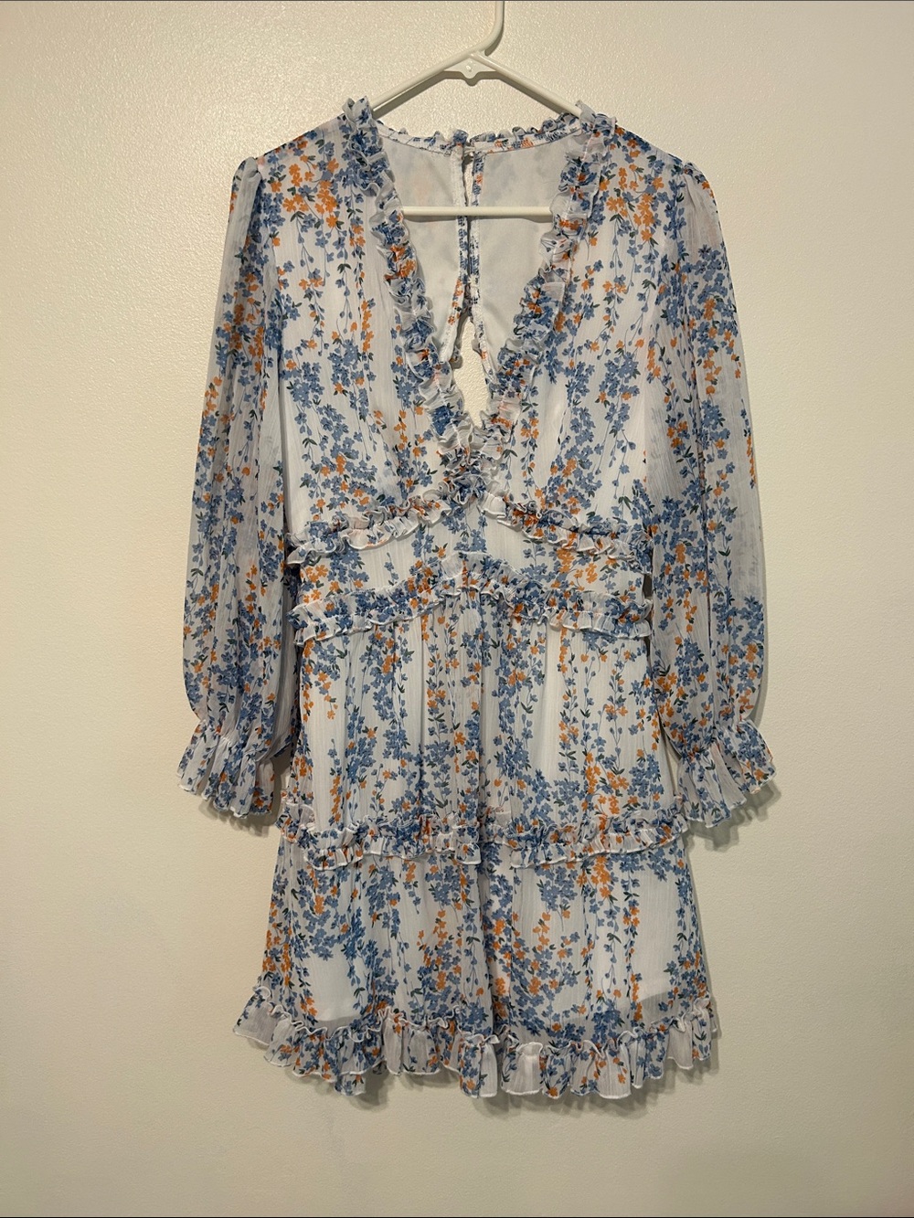 Source Unknown Pretty Blue and Orange Floral Long Sleeve Ruffle Dress Size S